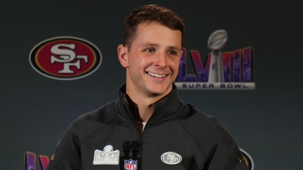 49ers quarterback Brock Purdy speaks to media ahead of Super Bowl LVIII.